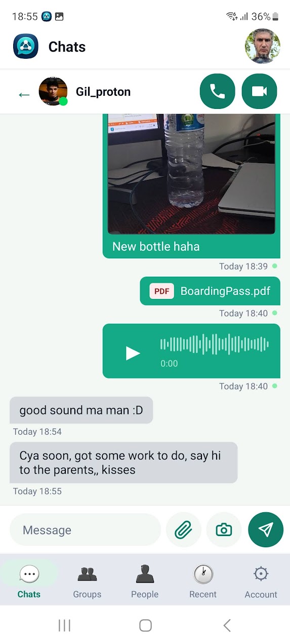 ChatCoreHub for Android showing a direct chat with photos, files, voice note, and call buttons