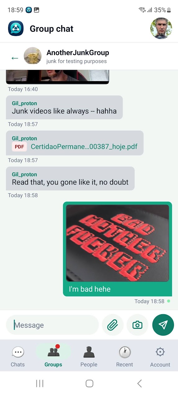 ChatCoreHub for Android showing a group chat with media and file attachments