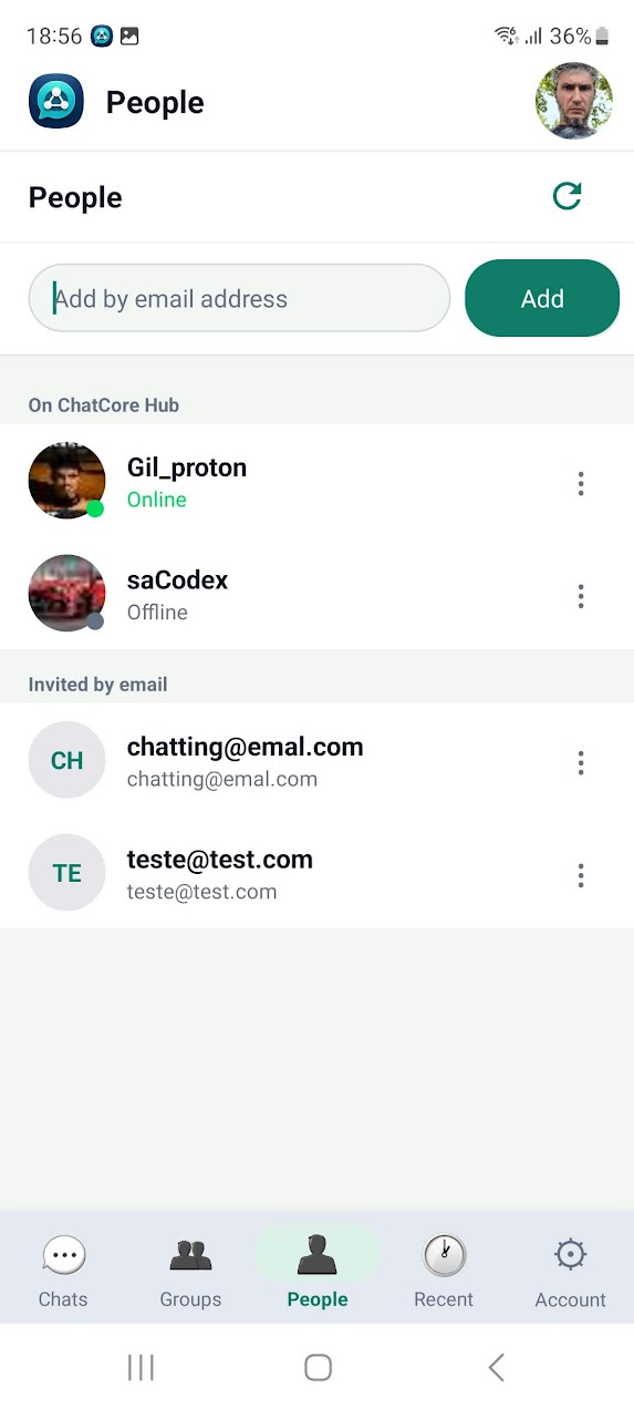 ChatCoreHub for Android showing people and invited contacts