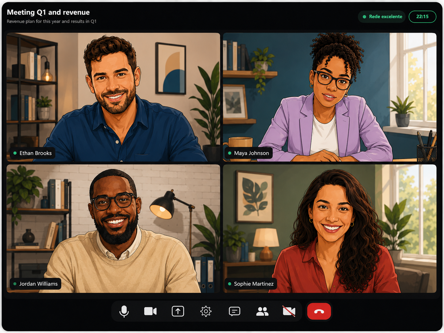 ChatCoreHub conference room on the web with four video participants, an end-to-end-encrypted call, and call controls