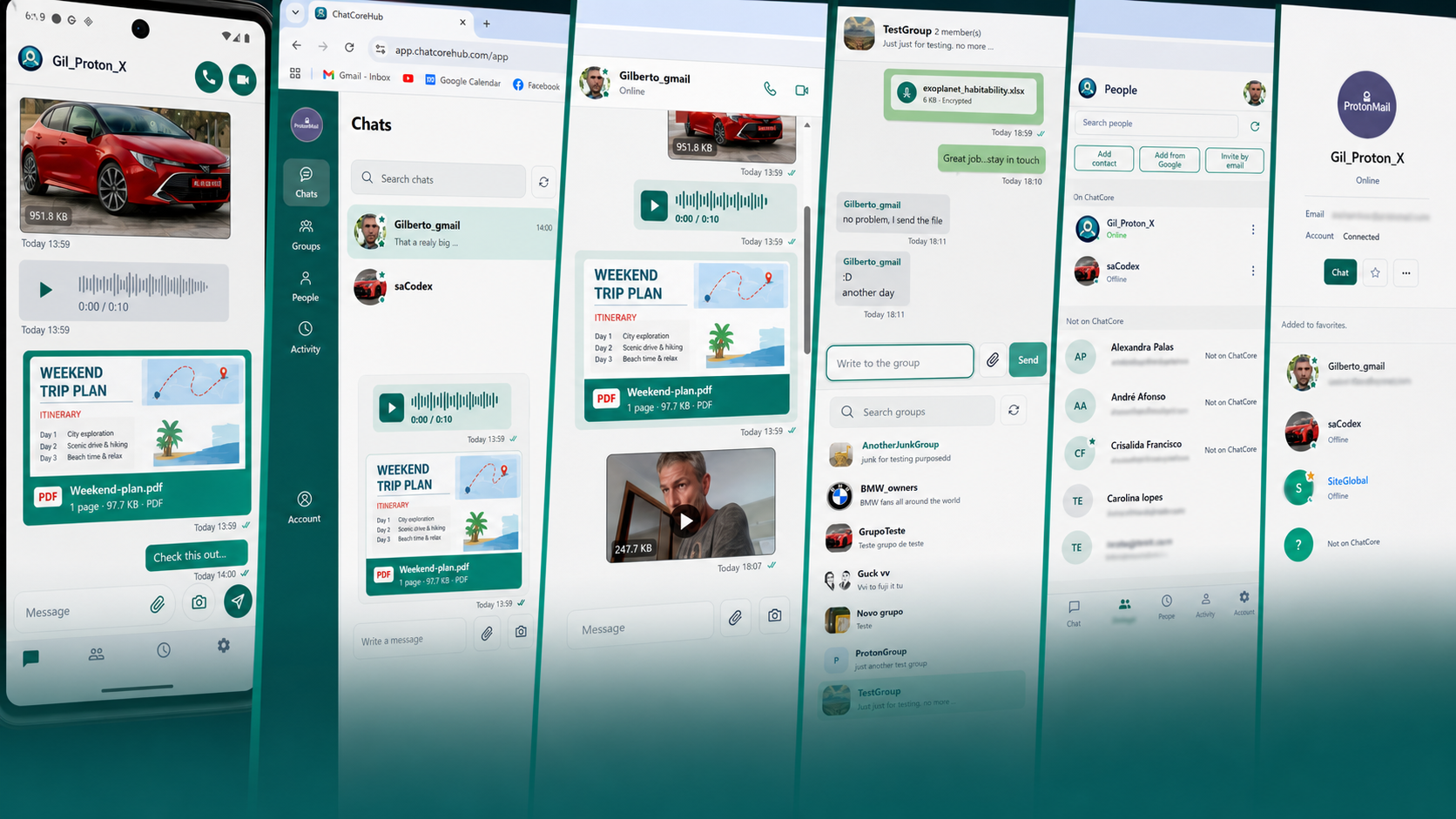 Six cinematic glimpses of ChatCoreHub chats, groups, attachments, calls, and people across Android, Web, and Windows