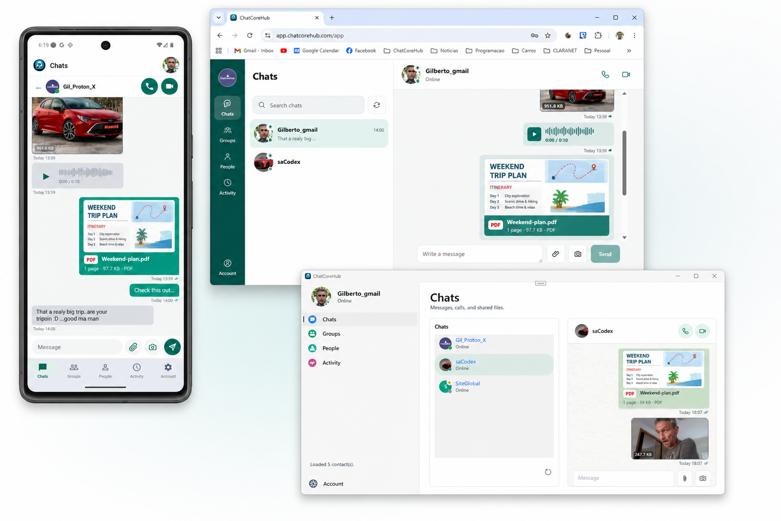 ChatCoreHub direct chat shown across Android, Web, and Windows with photos, a voice note, and a fictional weekend-plan PDF