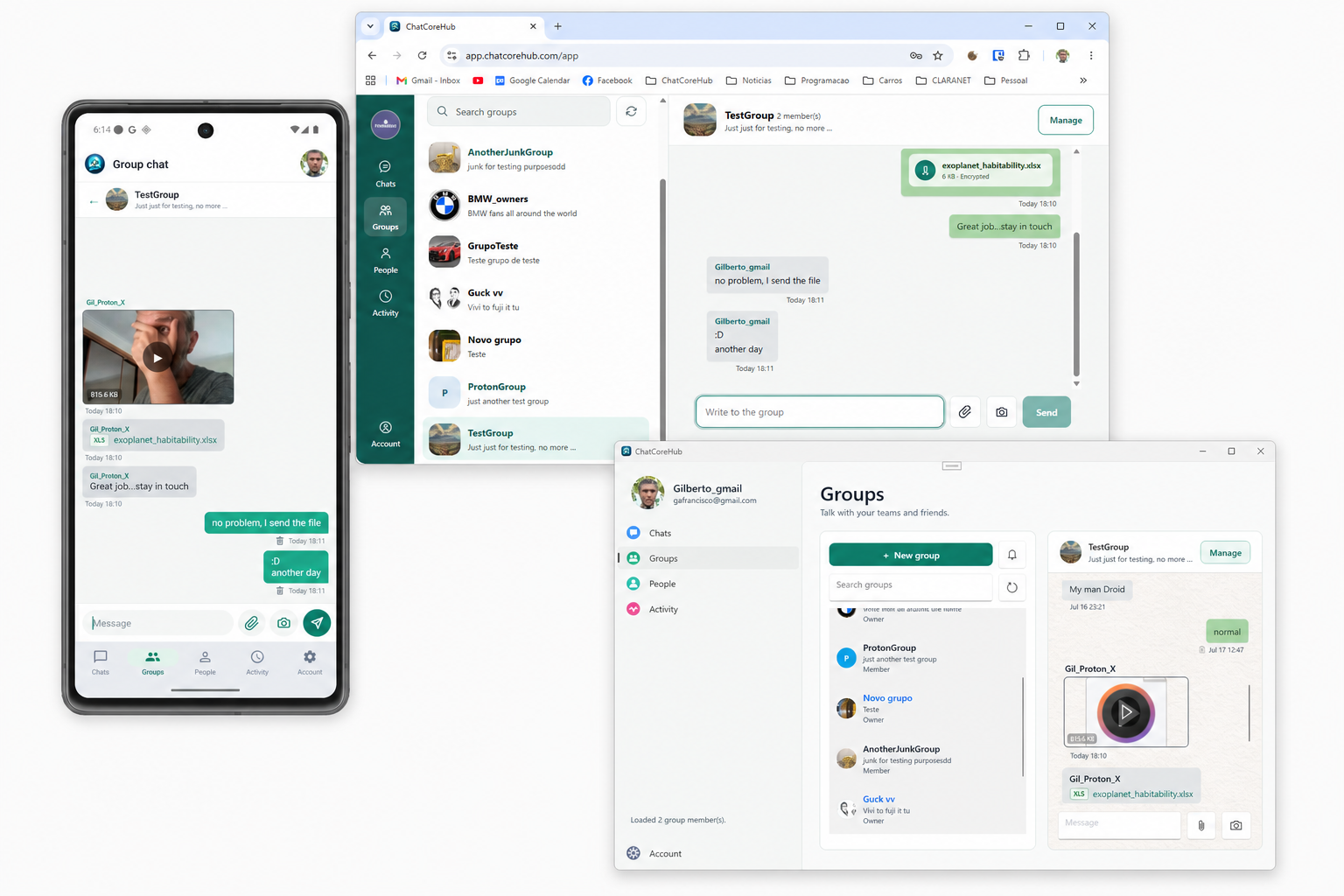 ChatCoreHub group chat shown across Android, Web, and Windows clients