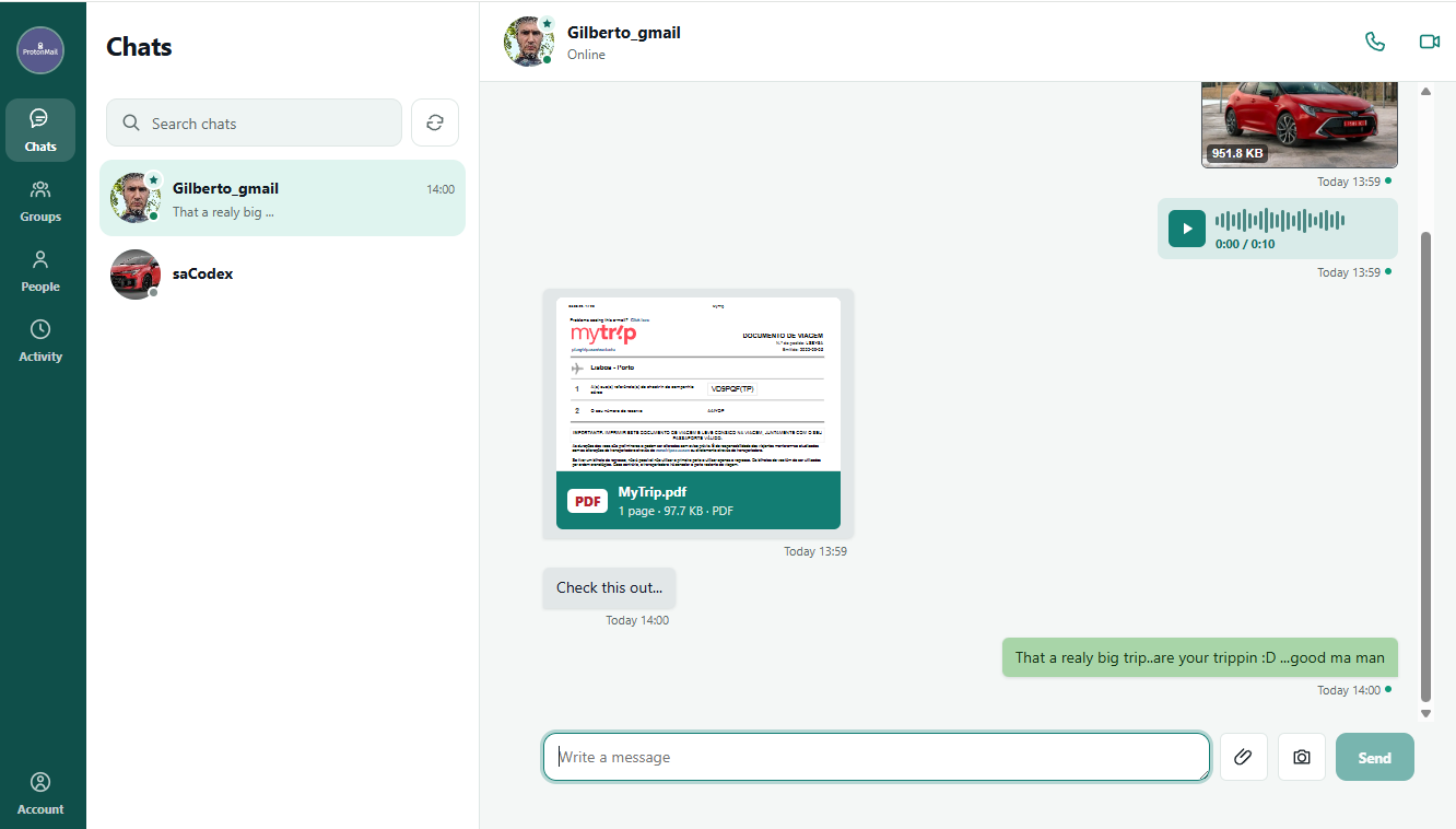 ChatCoreHub web client showing a direct conversation with photo, voice-note, and PDF sharing