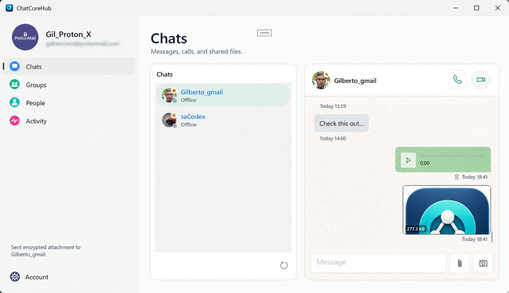 ChatCoreHub for Windows showing chats, voice notes, image sharing, and voice and video call controls